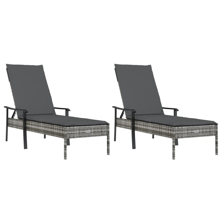 Sun Loungers 2 pcs with Table and Cushions Gray Poly Rattan