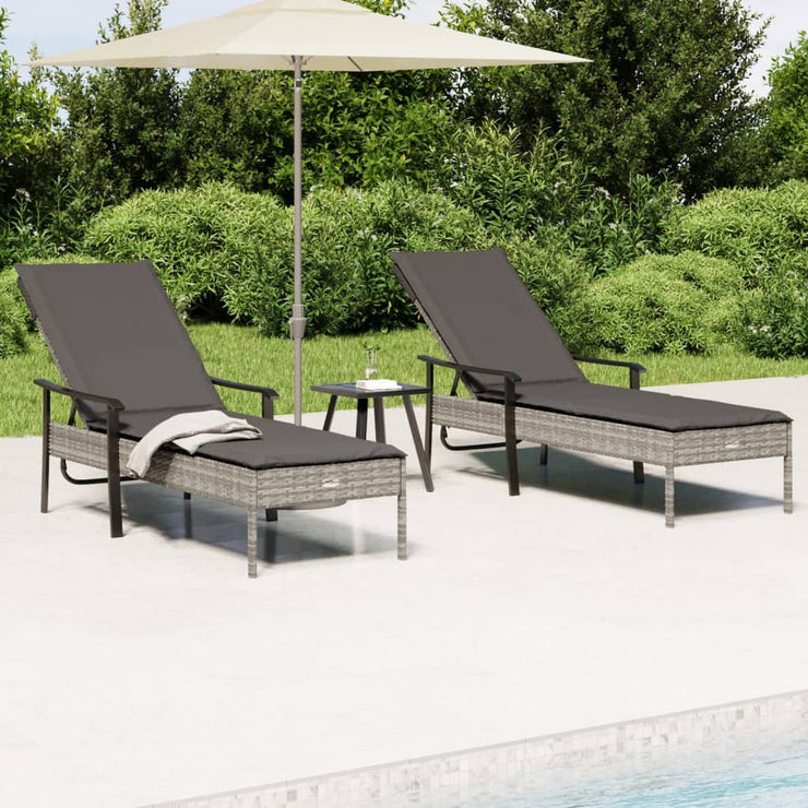 Sun Loungers 2 pcs with Table and Cushions Gray Poly Rattan