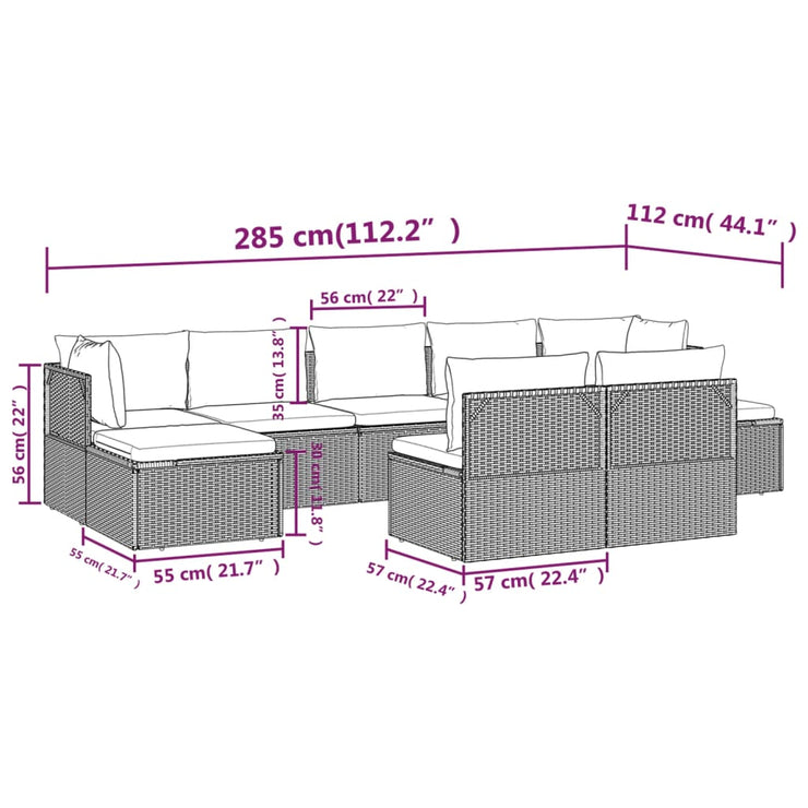 9 Piece Patio Lounge Set with Cushions Gray Poly Rattan