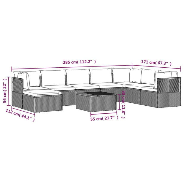 9 Piece Patio Lounge Set with Cushions Gray Poly Rattan