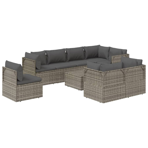 9 Piece Patio Lounge Set with Cushions Gray Poly Rattan