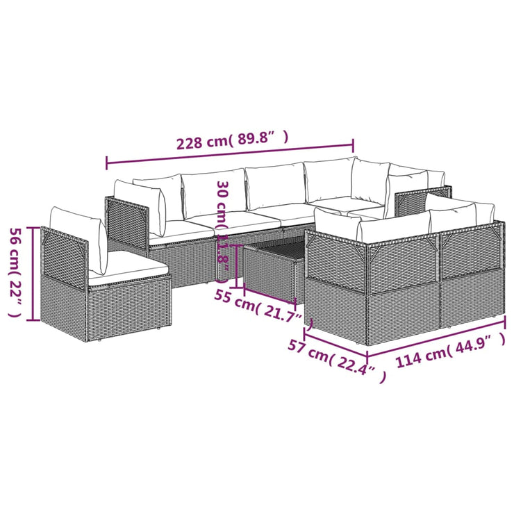 9 Piece Patio Lounge Set with Cushions Gray Poly Rattan