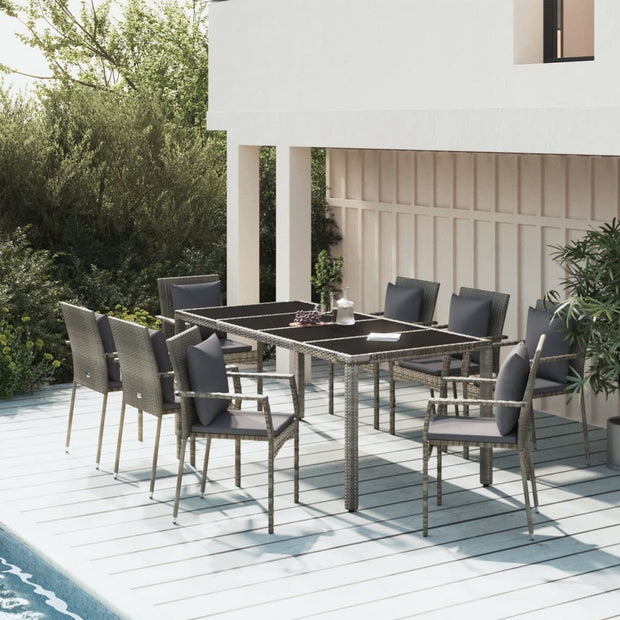 9 Piece Patio Dining Set with Cushions Gray Poly Rattan