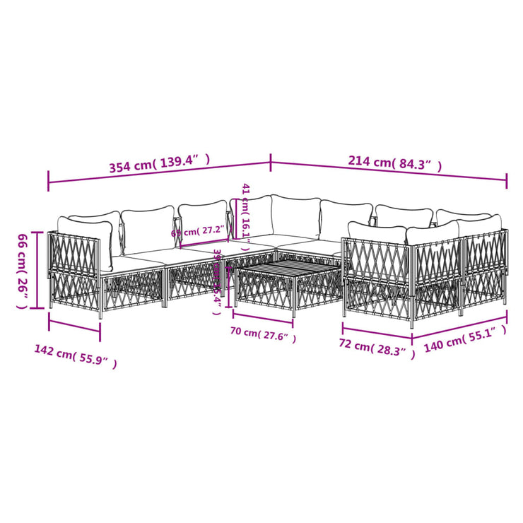 9 Piece Patio Lounge Set with Cushions White Steel