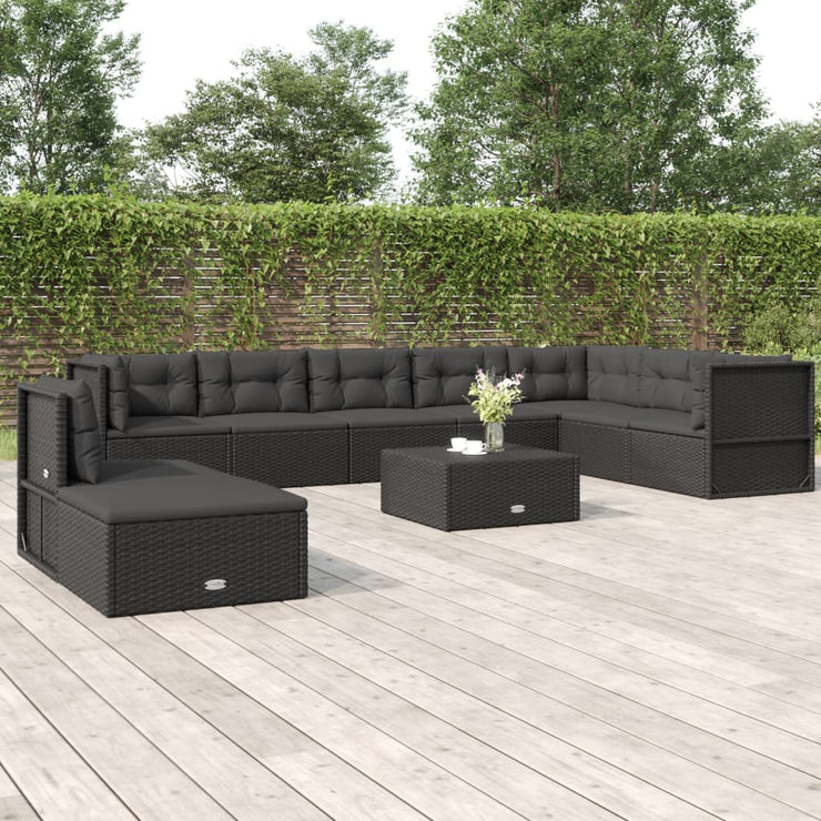 9 Piece Patio Lounge Set with Cushions Black Poly Rattan