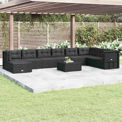 9 Piece Patio Lounge Set with Cushions Black Poly Rattan