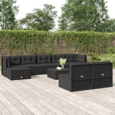 9 Piece Patio Lounge Set with Cushions Black Poly Rattan