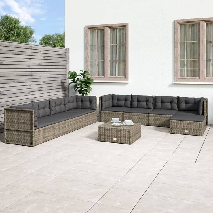 9 Piece Patio Lounge Set with Cushions Gray Poly Rattan