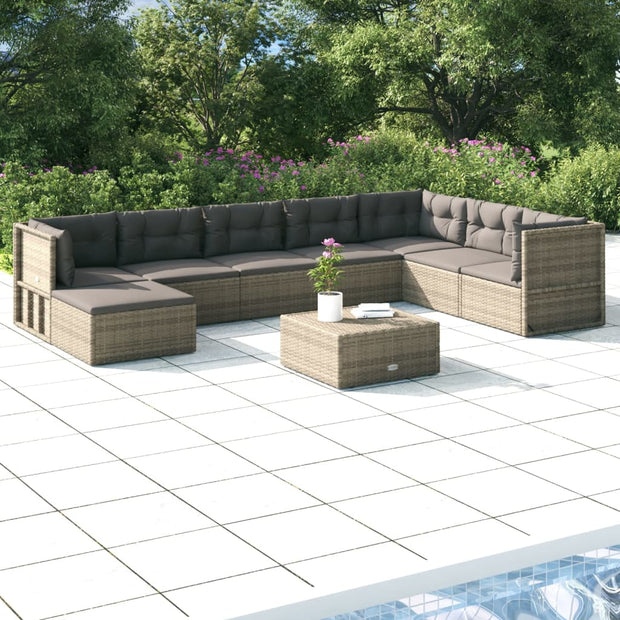 9 Piece Patio Lounge Set with Cushions Gray Poly Rattan