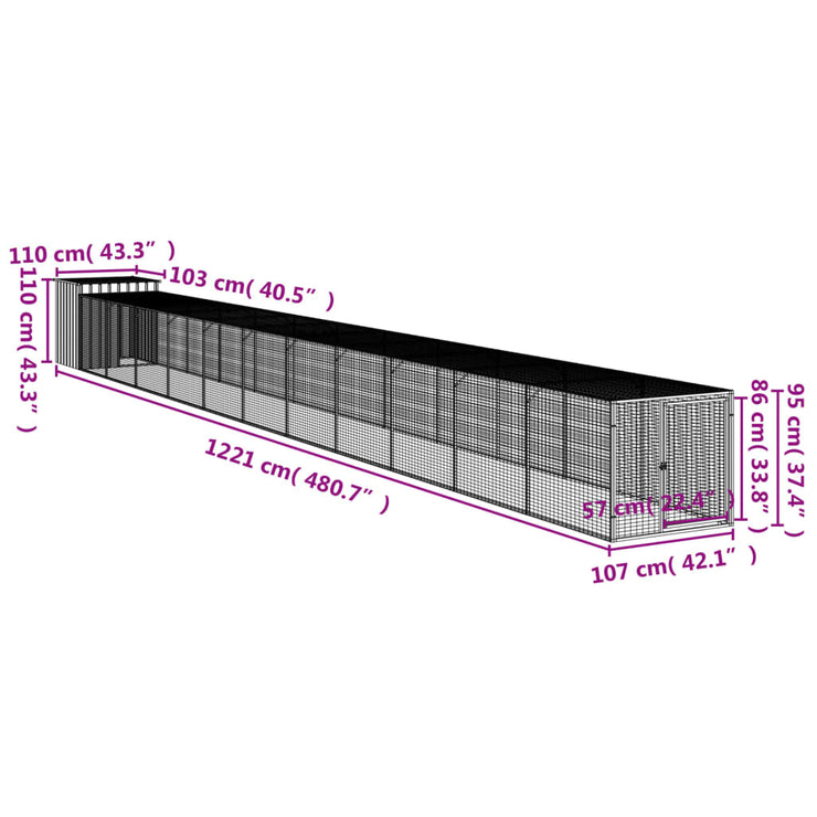 Chicken Cage with Run Anthracite 43.3"x480.7"x43.3" Galvanized Steel