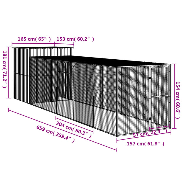 Chicken Cage with Run Anthracite 65"x259.4"x71.3" Galvanized Steel