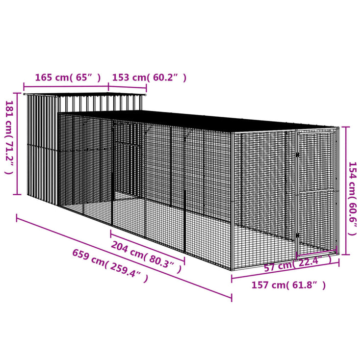 Chicken Cage with Run Anthracite 65"x259.4"x71.3" Galvanized Steel