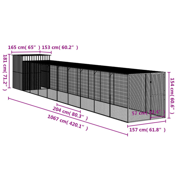 Chicken Cage with Run Anthracite 65"x420.1"x71.3" Galvanized Steel