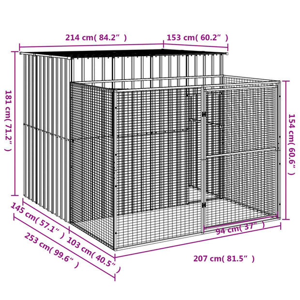 Dog House with Run Light Gray 84.3"x99.6"x71.3" Galvanized Steel