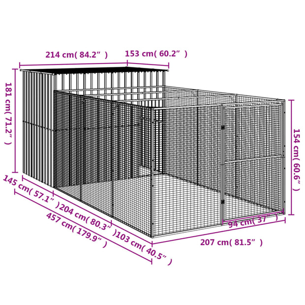 Dog House with Run Light Gray 84.3"x179.9"x71.3" Galvanized Steel