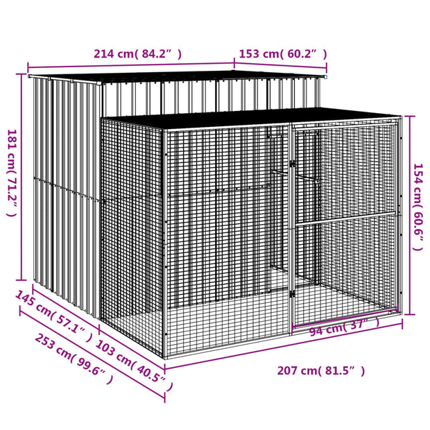 Dog House with Run Light Gray 84.3"x99.6"x71.3" Galvanized Steel