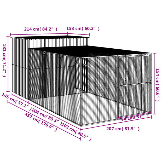 Dog House with Run Light Gray 84.3"x179.9"x71.3" Galvanized Steel