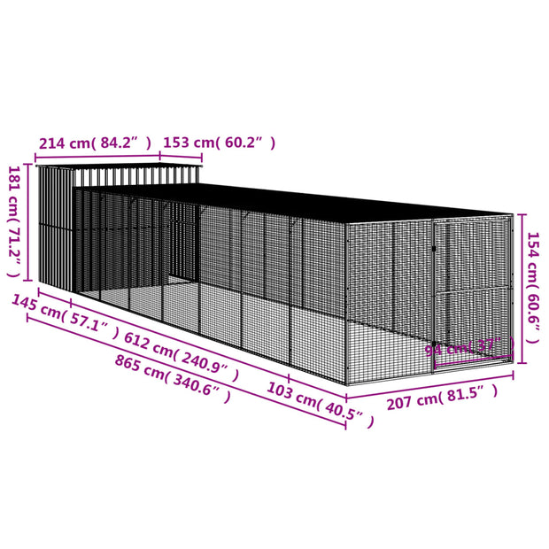 Dog House with Run Light Gray 84.3"x340.6"x71.3" Galvanized Steel