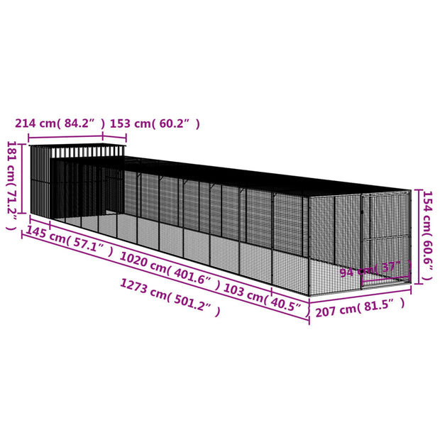 Dog House with Run Light Gray 84.3"x501.2"x71.3" Galvanized Steel