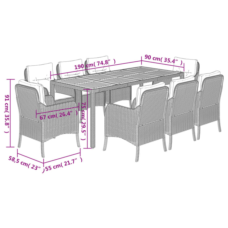 9 Piece Patio Dining Set with Cushions Gray Poly Rattan