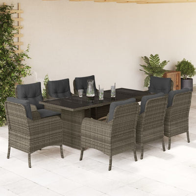 9 Piece Patio Dining Set with Cushions Gray Poly Rattan