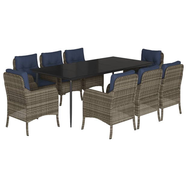 9 Piece Patio Dining Set with Cushions Gray Poly Rattan