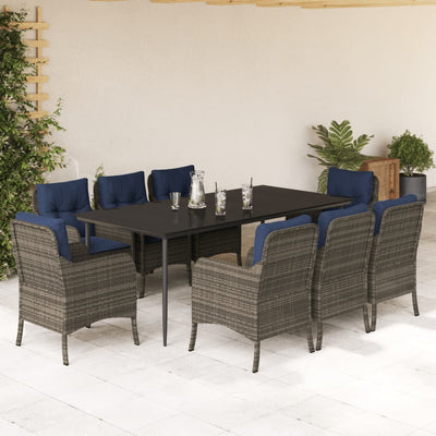 9 Piece Patio Dining Set with Cushions Gray Poly Rattan