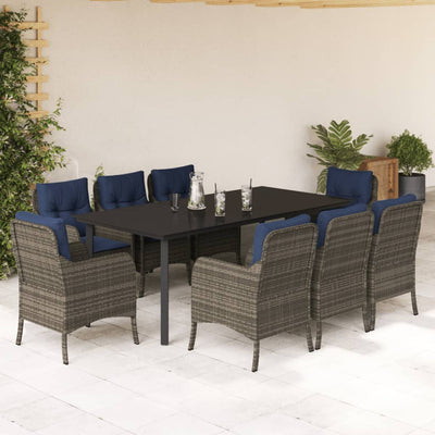 9 Piece Patio Dining Set with Cushions Gray Poly Rattan