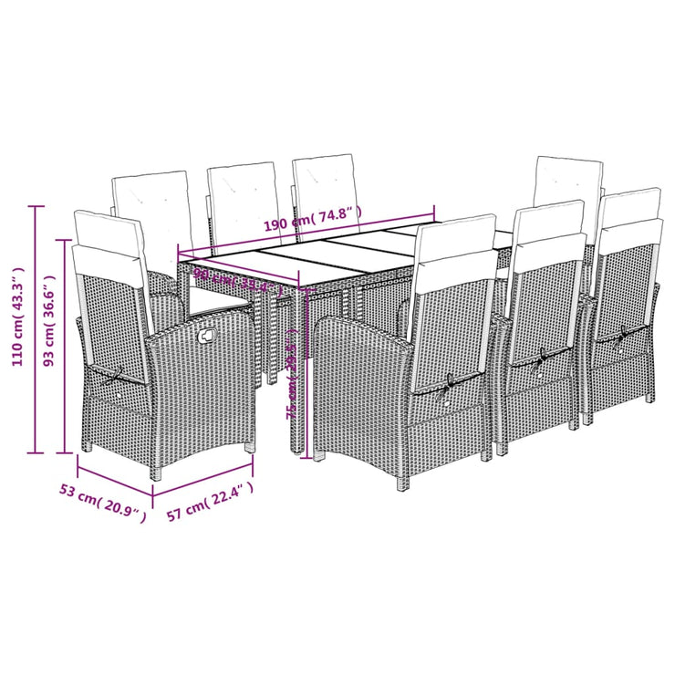 9 Piece Patio Dining Set with Cushions Gray Poly Rattan