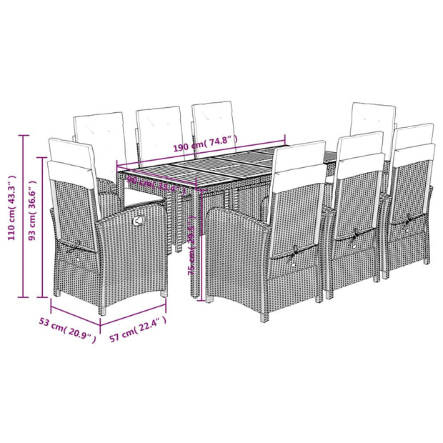 9 Piece Patio Dining Set with Cushions Gray Poly Rattan