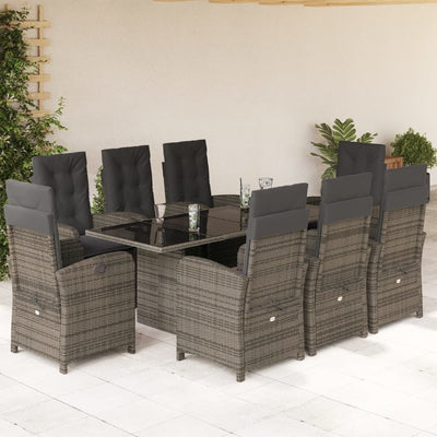 9 Piece Patio Dining Set with Cushions Gray Poly Rattan