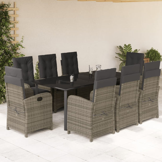 9 Piece Patio Dining Set with Cushions Gray Poly Rattan