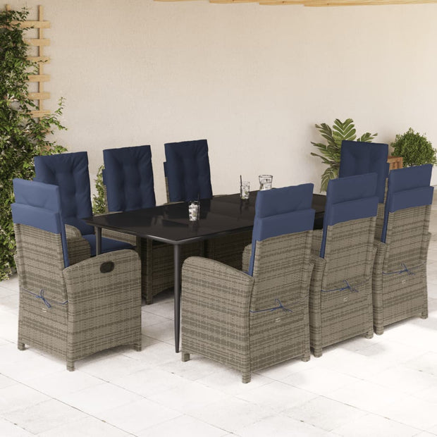 9 Piece Patio Dining Set with Cushions Gray Poly Rattan