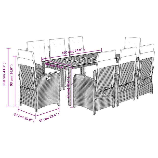 9 Piece Patio Dining Set with Cushions Gray Poly Rattan