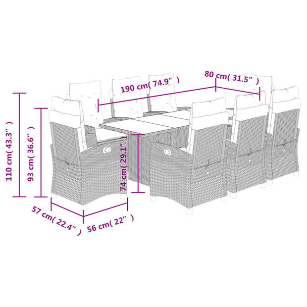 9 Piece Patio Dining Set with Cushions Gray Poly Rattan