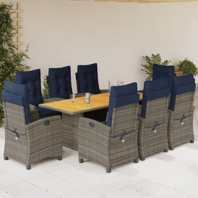 9 Piece Patio Dining Set with Cushions Gray Poly Rattan