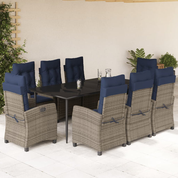 9 Piece Patio Dining Set with Cushions Gray Poly Rattan