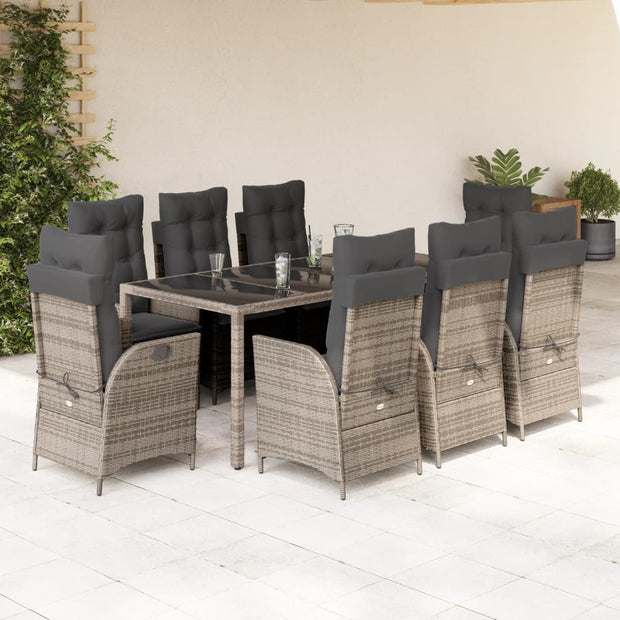 9 Piece Patio Dining Set with Cushions Gray Poly Rattan