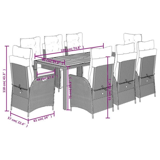 9 Piece Patio Dining Set with Cushions Gray Poly Rattan