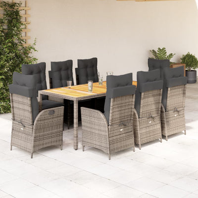 9 Piece Patio Dining Set with Cushions Gray Poly Rattan