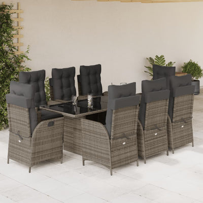 9 Piece Patio Dining Set with Cushions Gray Poly Rattan