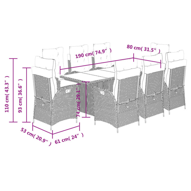 9 Piece Patio Dining Set with Cushions Gray Poly Rattan