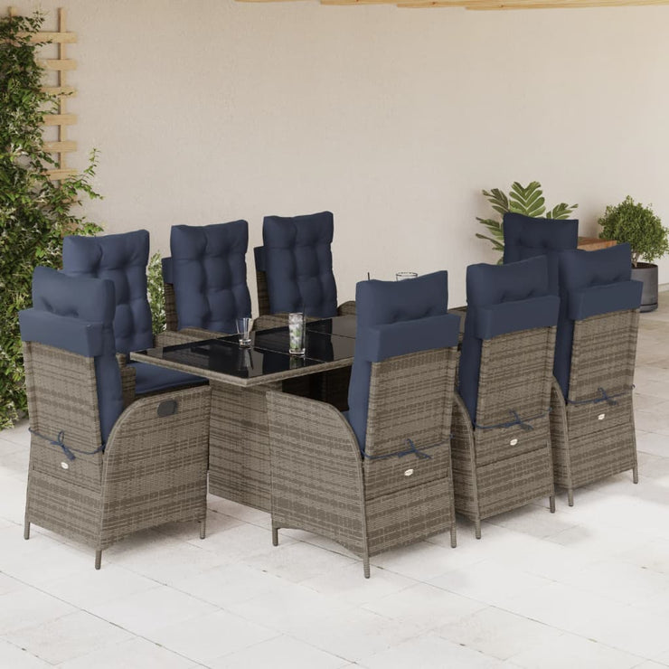 9 Piece Patio Dining Set with Cushions Gray Poly Rattan