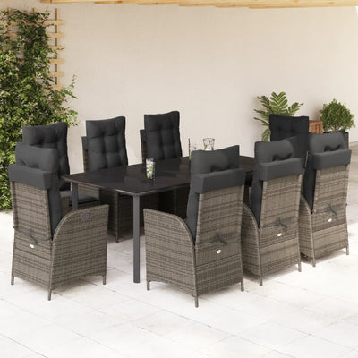 9 Piece Patio Dining Set with Cushions Gray Poly Rattan