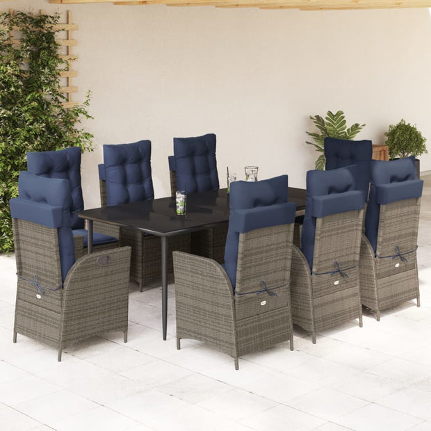 9 Piece Patio Dining Set with Cushions Gray Poly Rattan