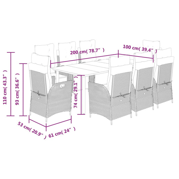 9 Piece Patio Dining Set with Cushions Gray Poly Rattan