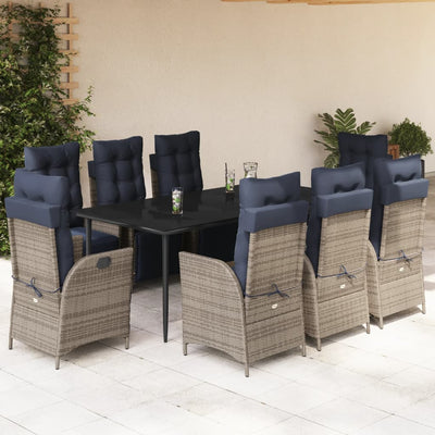 9 Piece Patio Dining Set with Cushions Gray Poly Rattan