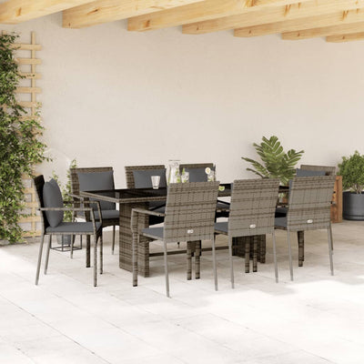 9 Piece Patio Dining Set with Cushions Gray Poly Rattan