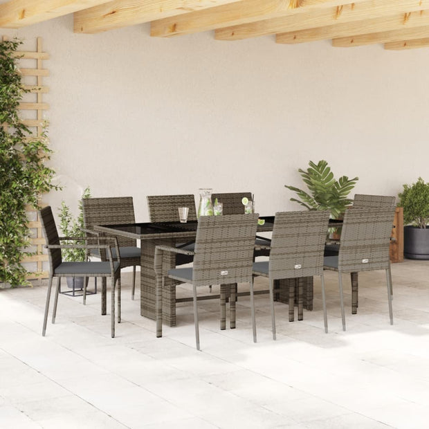 9 Piece Patio Dining Set with Cushions Gray Poly Rattan