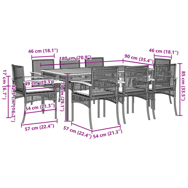 9 Piece Patio Dining Set with Cushions Gray Poly Rattan